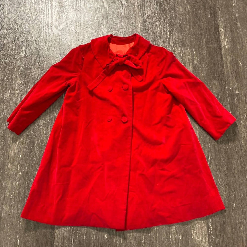 Vintage Kids Red Velvet Double Breasted Coat With Bow Best for 14/16 Christmas